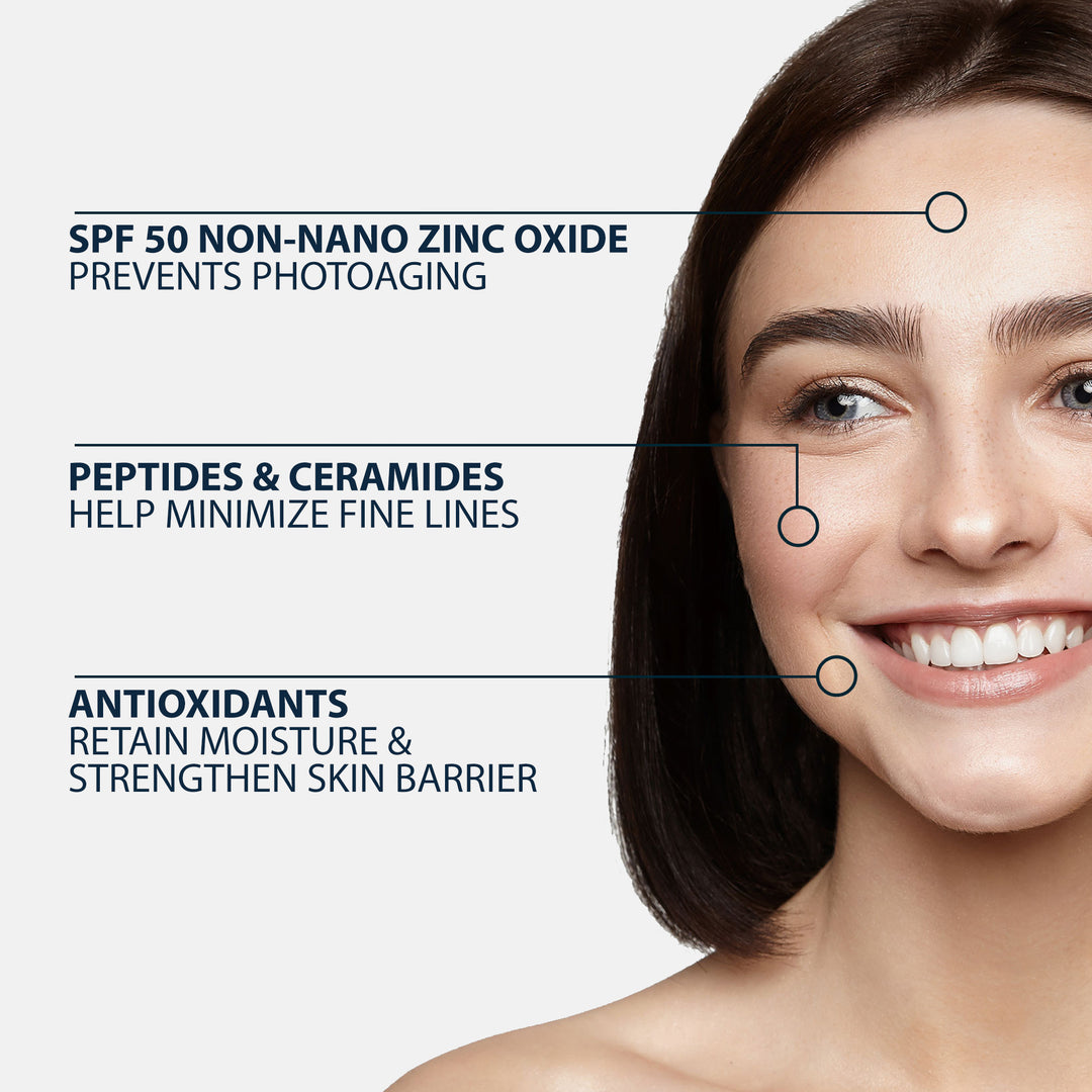 Tinted Mineral Face Moisturizer SPF 50 - Zinc Oxide, Peptide & Ceramide Complex